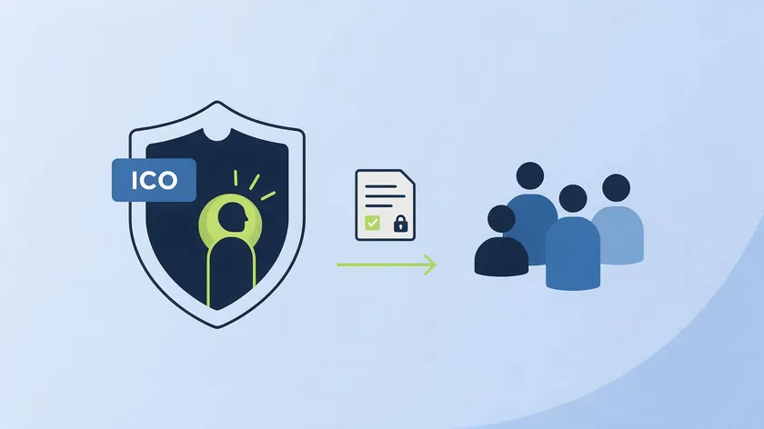 Diagram showing a shield labeled ICO issuing a secured document outward to a group of people, representing a privacy notice as an external transparency document.