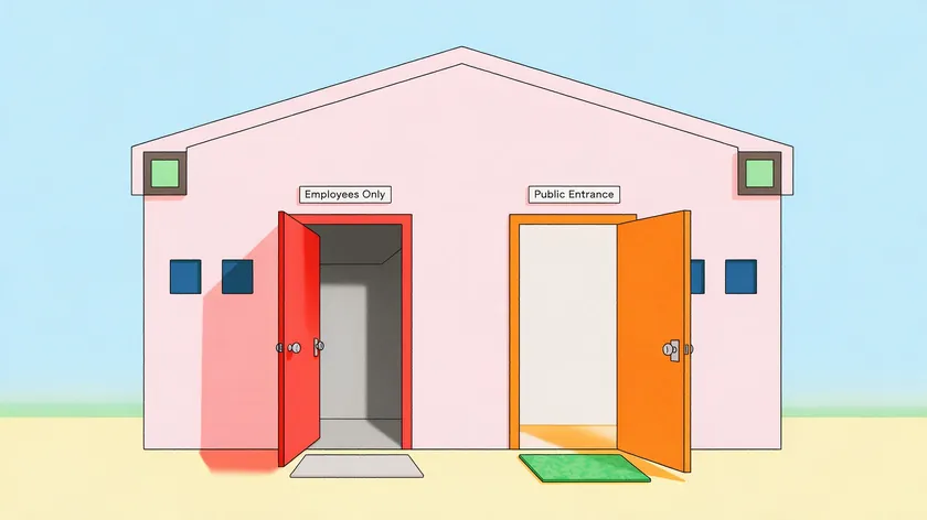 Illustration of a building with two separate entrances, one marked Employees Only and one marked Public Entrance, representing internal versus external privacy documents.