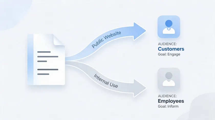 Diagram showing one document branching into two paths: a public website version for customers and an internal-use version for employees.