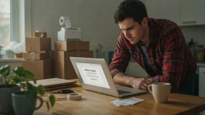 Small online store owner reviewing an online store privacy policy on a laptop beside packed shipping boxes