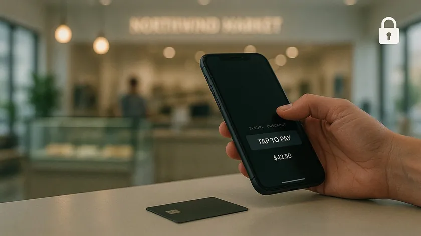 Customer paying by phone at a store checkout, covered by the payment section of an online store privacy policy