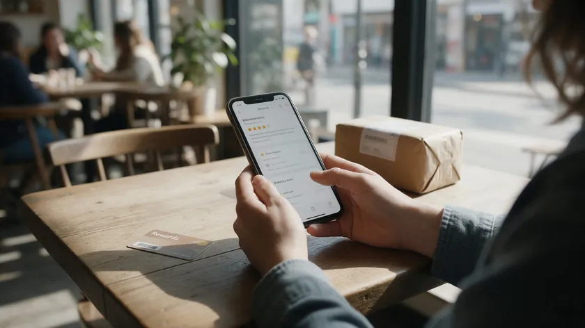 Shopper holding a phone with a five-star product review next to a loyalty card and a parcel, data covered by an online store privacy policy