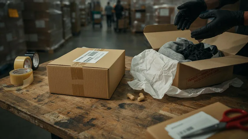 Packing station with a sealed parcel and a returned item, showing the shipping and returns data an online store privacy policy covers