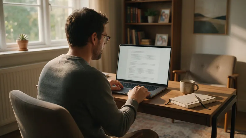 A small business owner reviewing a privacy policy for small business on a laptop at a tidy desk with a coffee mug and notebook.