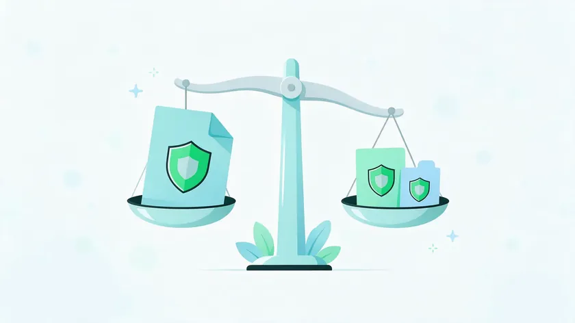 Illustration of a balance scale holding one large and two small privacy documents with shield icons, showing that a privacy policy for small business applies regardless of size.