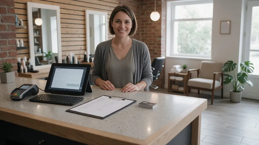 Salon reception desk with a tablet booking screen and a paper intake form, a local service business that needs a privacy policy for small business covering offline and online data.