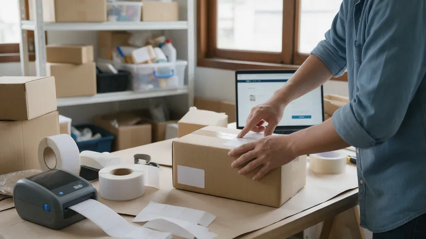 A small online seller packing a parcel next to a laptop showing a checkout page, an example of a privacy policy for small business at the online seller stage.