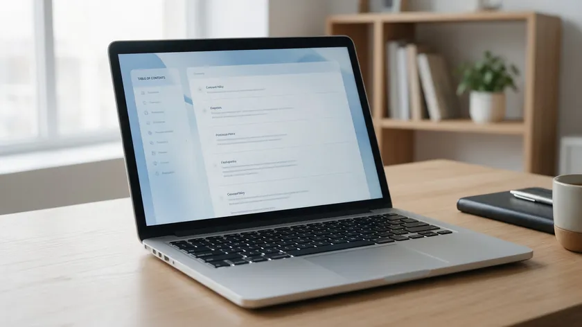 Laptop on a clean desk showing a structured policy page with a table of contents sidebar, a sample layout for a privacy policy for small business.