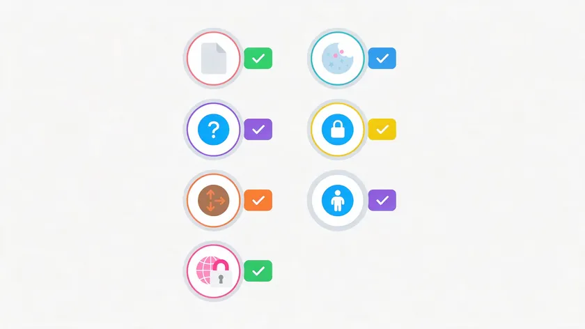 Checklist illustration with seven icons for document, cookie, question mark, lock, sharing, person and globe, the seven core elements of a privacy policy for small business.