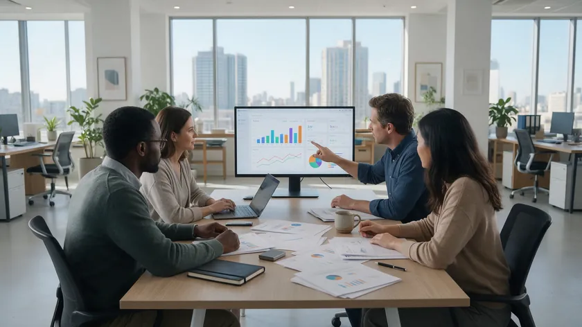 A small team of four reviewing a dashboard together around a meeting table, illustrating the growing data needs of a privacy policy for small business with employees.