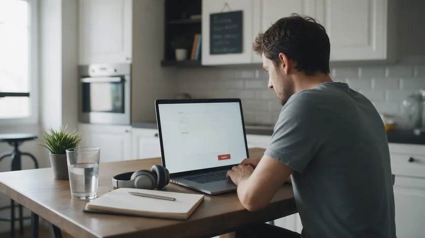 A freelancer working alone at a kitchen table with a laptop, headphones and a notepad, a solo operator who needs a privacy policy for small business.
