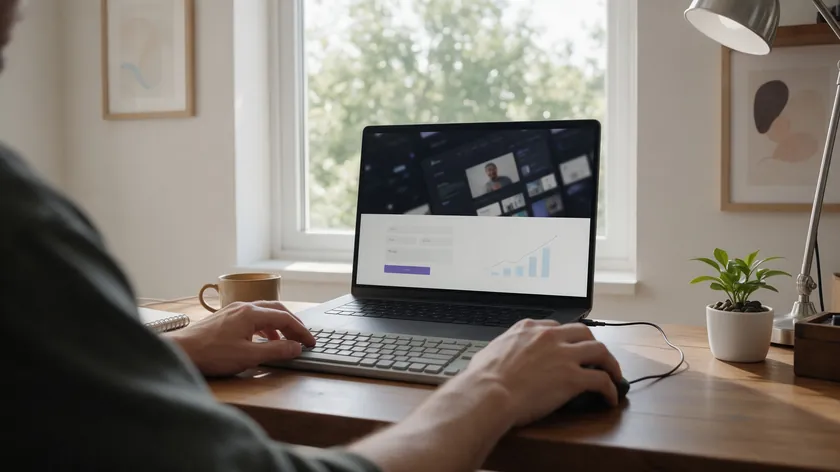 Over-the-shoulder view of a solo web designer's laptop showing a portfolio site with a contact form and analytics chart, a case where a privacy policy for small business matters.