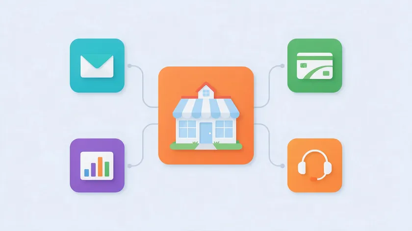 Illustration of a small shop connected to email, payment, analytics and support service icons, showing the third parties a privacy policy for small business should disclose.