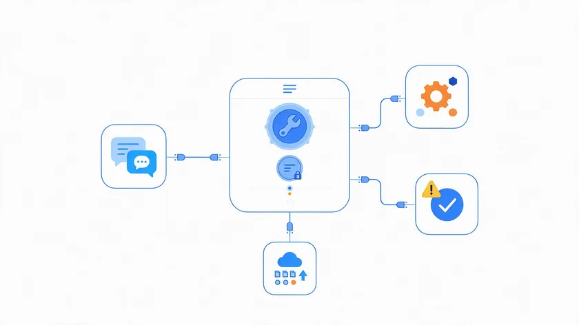 Central app connected to integration apps, one flagged with a caution icon, showing API data flows in a SaaS privacy policy