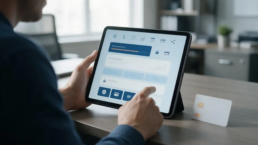 Founder reviewing a subscription billing screen on a tablet, with payment data covered by a SaaS privacy policy