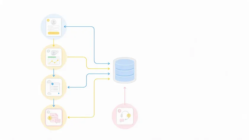 Data flow map connecting sign-up, app, API, billing and support to a central database for a SaaS privacy policy