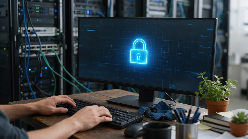 Developer at a keyboard in front of a server rack and a glowing padlock, illustrating data protection in a SaaS privacy policy