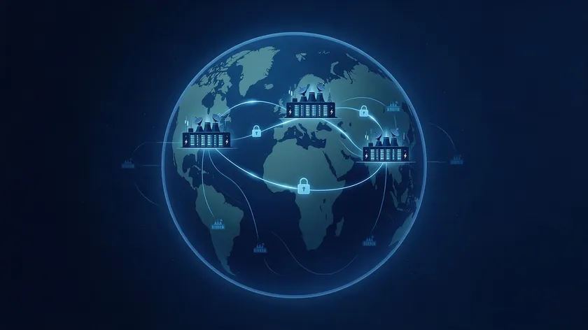 Globe with secured data routes between EU, US and Asia data centers, showing international transfers in a SaaS privacy policy