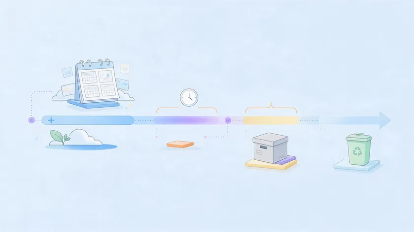 Timeline with a calendar, archive box and trash bin showing the data retention windows in a SaaS privacy policy