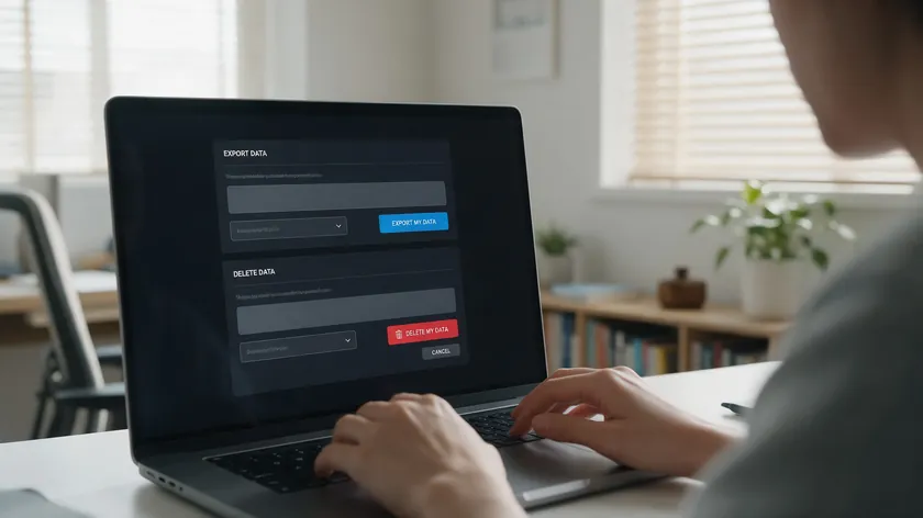 Person using an export and delete data settings panel on a laptop, a user right covered in a SaaS privacy policy