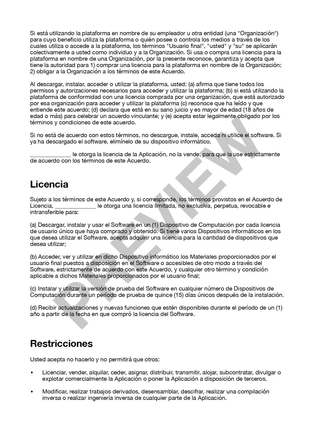 Vista previa del Acuerdo de Licencia de Usuario Final