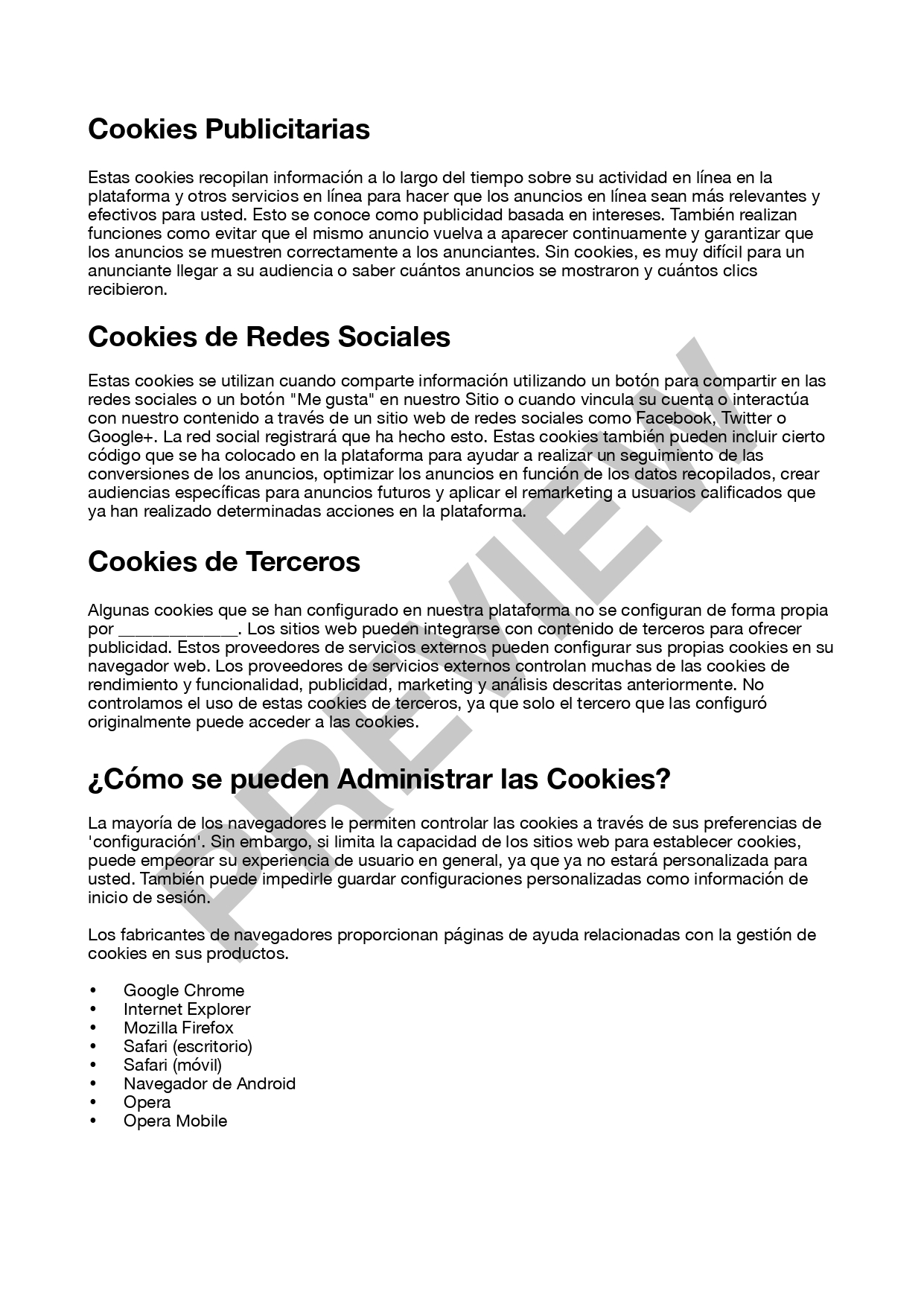 Vista previa de políticas de cookies