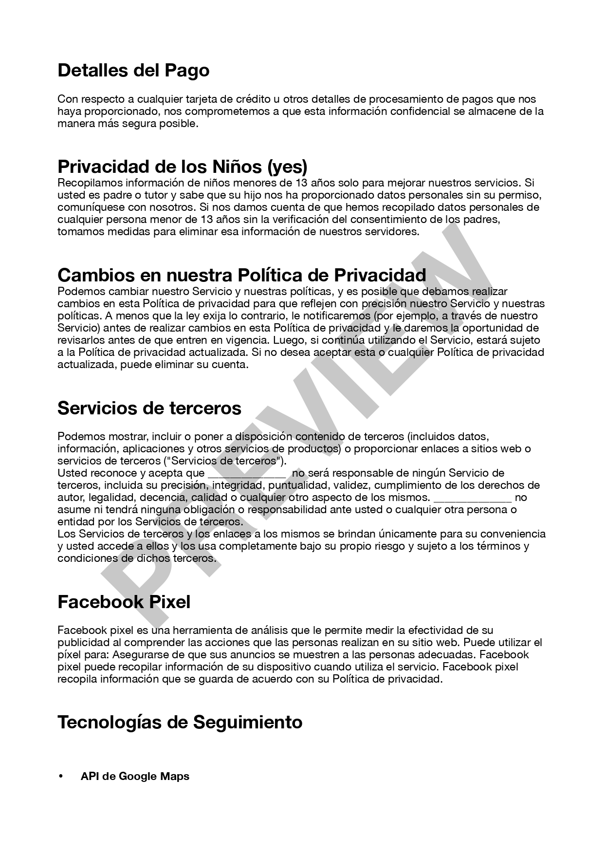 Vista previa de políticas de privacidad